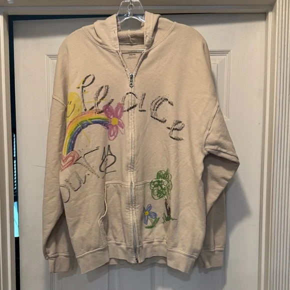Urban outfitters Beige Zip-Up Hoodie with Rainbow Graphic - Picture 1 of 3